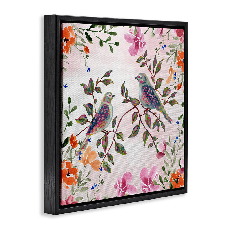 Cadre flottant deux oiseaux avec fleurs, design par Adonna Ebrahimi, H 25 po x l 25 po, Cadre flottant noir de jais
