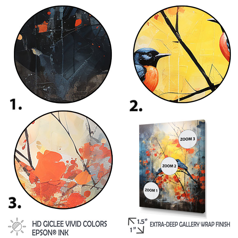 Forêt bleue et jaune avec oiseau bleu - art mural oiseau, H 32 po x l 16 po x P 1 po, Cadre doré simple
