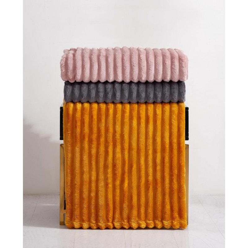 Luxury Soft Warm Ribbed Throw Faux Fur Blanket Sofa Bed Chair Fleece Small Large Machine Woven Throw Blanket, Mustard