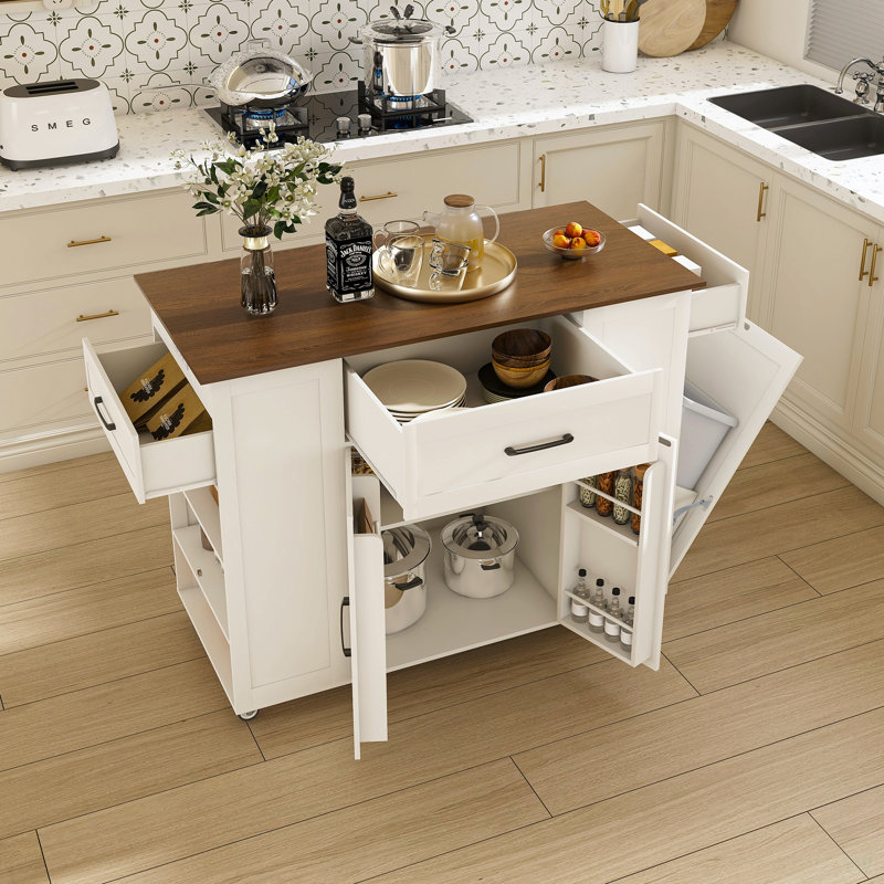 46" Kitchen Island On Wheels With Storage & Power Outlet - Movable Rustic Breakfast Bar Table, Wood Top With Adjustable Shelf & Drawer For Kitchen Dining Living Room
