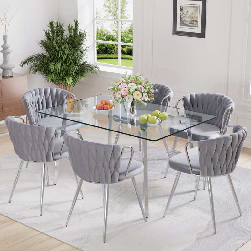51in Rectangle Glass Top Dining Set, 7, Gray