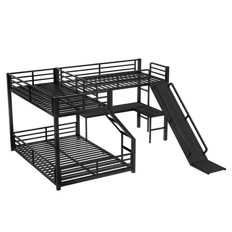 L-Shaped Twin XL over Queen Bunk Bed with Twin Size Loft Bed, Metal Triple Bunk Bed with Slide and USB Ports, Space-saving and Noise-free Design