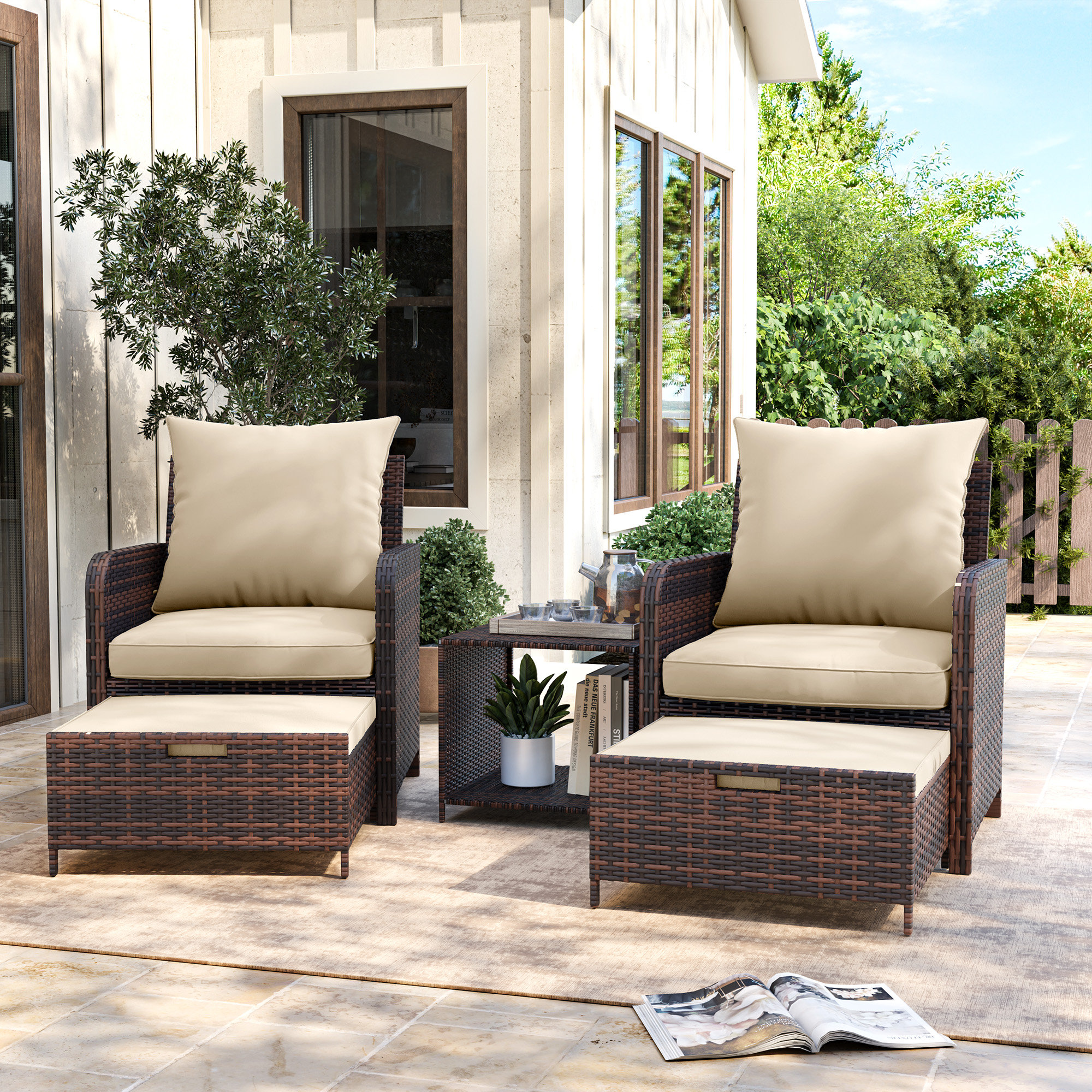 Wicker/Rattan 2 Person Seating Patio Conversation Sets With Ottoman
