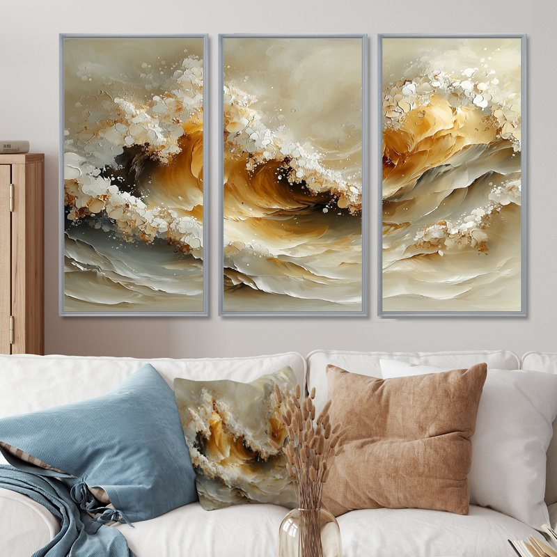 Gris et blanc, vagues océaniques en spirale III - art mural sur toile transitionnel - 3 panneaux, H 28 po x l 36 po