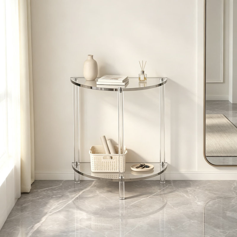 Console demi-ronde en acrylique, table d'entrée moderne transparente avec rangement à deux niveaux, table d'appoint gain de place pour couloir, hall d'entrée, salon, étagère d'exposition en acrylique transparent imperméable