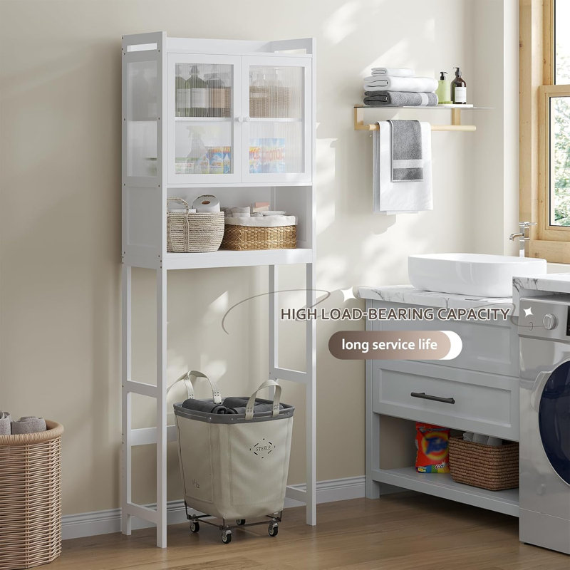 White Adjustable Over-the-Toilet Storage Rack with Acrylic Doors