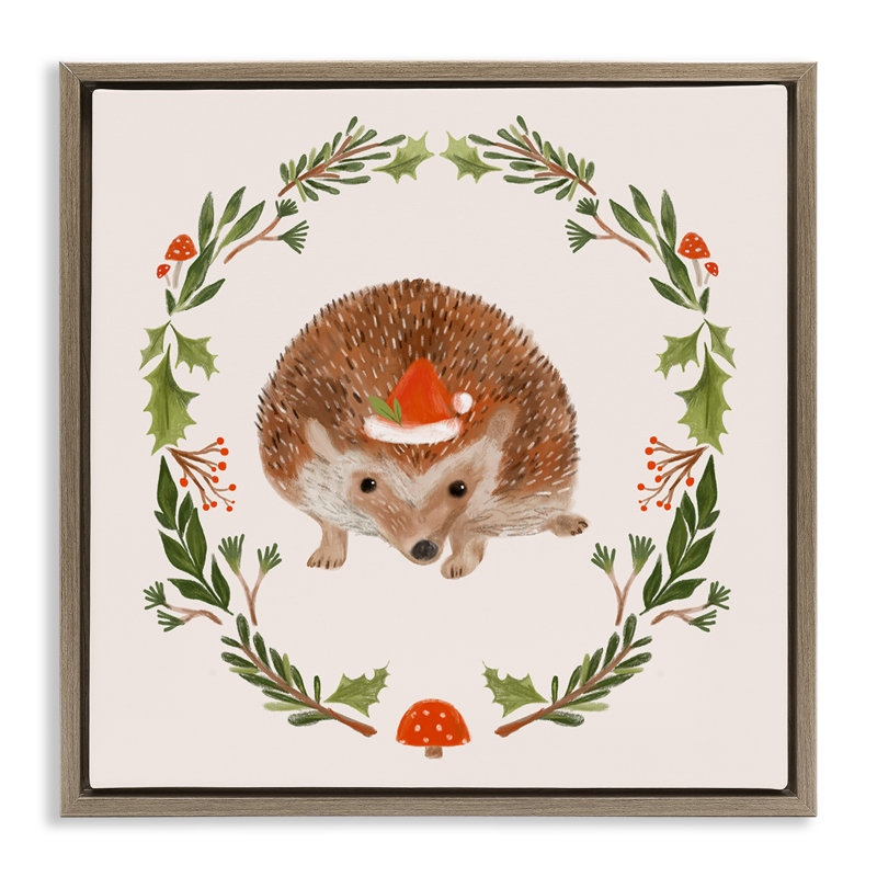 Art mural sur toile Holiday Hedgehog Wreaf par Laura Konyndyk, Cadre flottant orme Montalcino, H 17 po x l 17 po