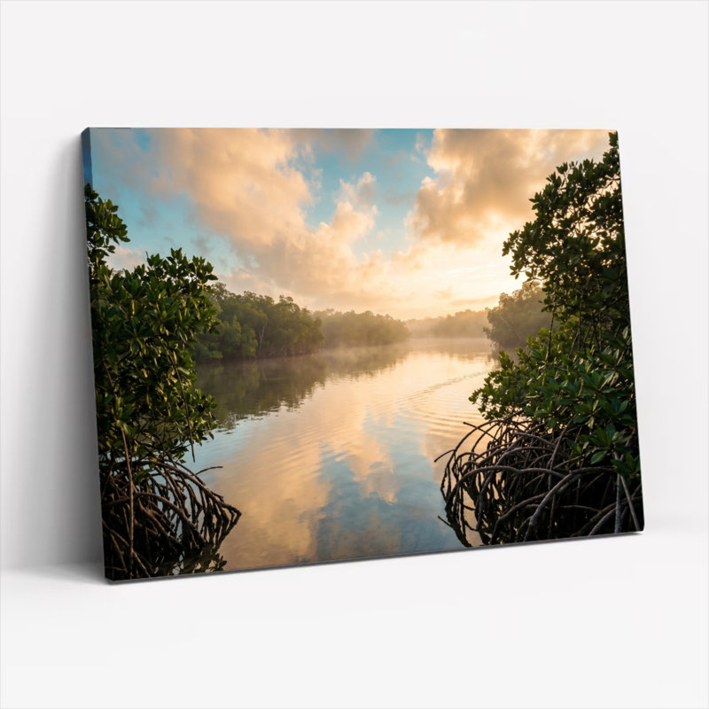 Ensemble de 1 tableau sur toile représentant une rivière au coucher du soleil, H 20 po x l 30 po, Toile tendue