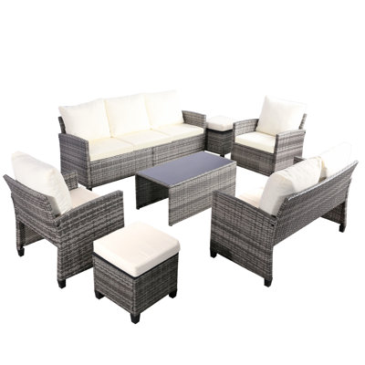 7 Pieces Outdoor Patio Furniture Set, Wicker Sectional Conversation Sofa With Coffee Table, Adjustable Backrest & Thick Cushions For Garden, Porch, Poolside, Grey/Beige