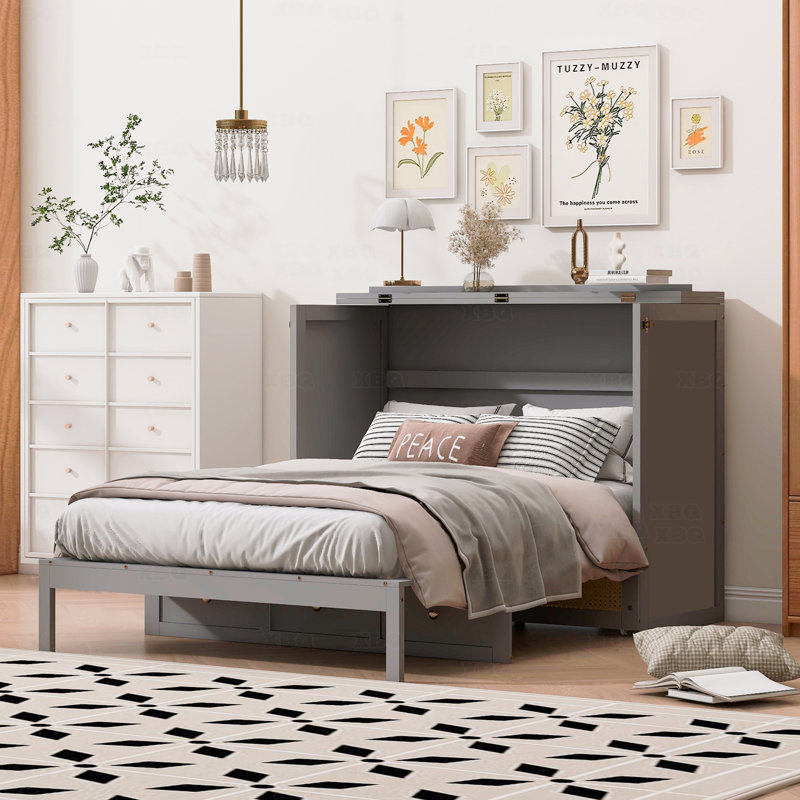 Lit escamotable double avec grands tiroirs, Gris