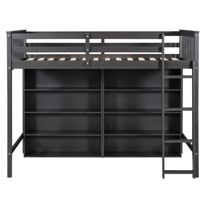 Loft Bed With 8 Open Storage Shelves And Built-In Ladder, Antique Grey