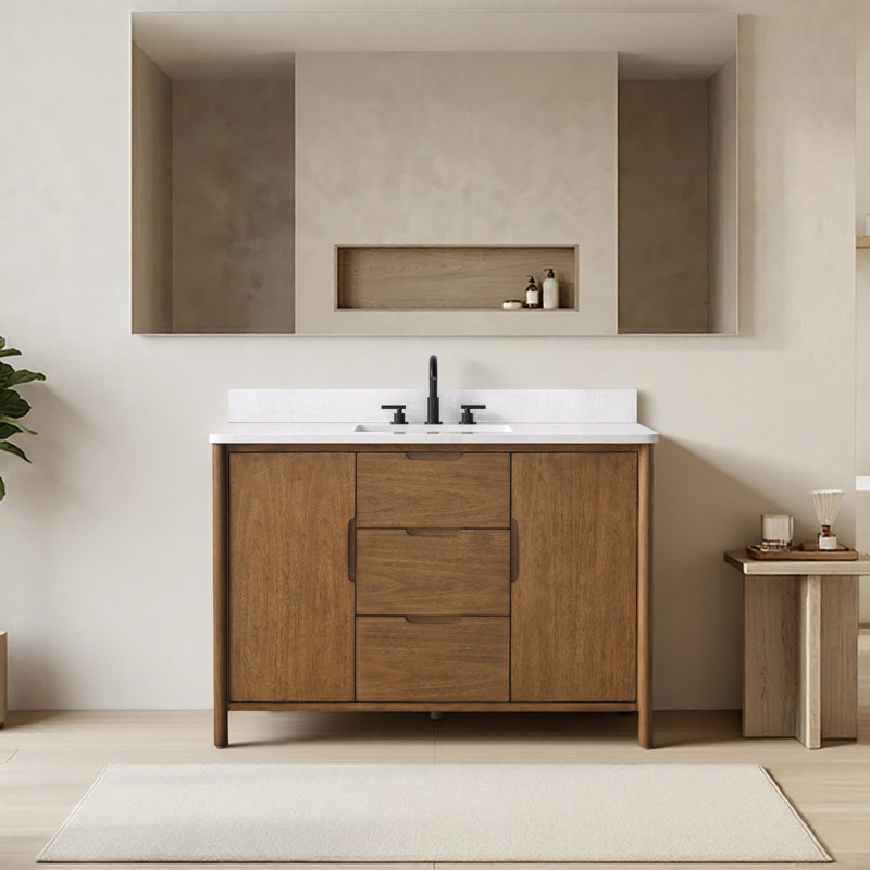 Meuble-lavabo autoportant à simple cuve 48 po avec dessus en pierre reconstituée, centrale électrique cachée, support de chargement USB et support pour sèche-cheveux Lucerne 