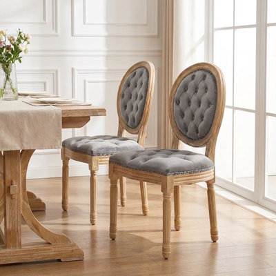 French Style Dining Chair Set Of 2 - Antique Wood Frame, Velvet, High Backrest, Nailhead Trim
