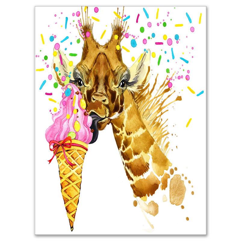 « giraffe manger ice crème ice »-impression sur toile tendue, H 32 po x l 16 po x P 1 po, Toile tendue