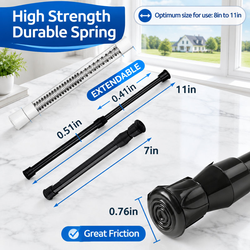 Lot de 2 petites tringles à rideaux à ressort extensibles, de 18 à 28 cm, pouvant servir de tringles à rideaux pour les ustensiles de cuisine, les armoires et les armoires ; s'adaptent aux espaces restreints pour un maintien optimal.