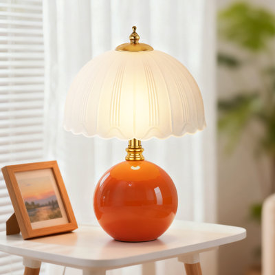 11.8" Ceramic Table Lamp, Bedside Lamp with Glass Shade, 3-Way Lighting Rocker Switch, Small Nightstand Lamp for Bedroom, Living Room, Office