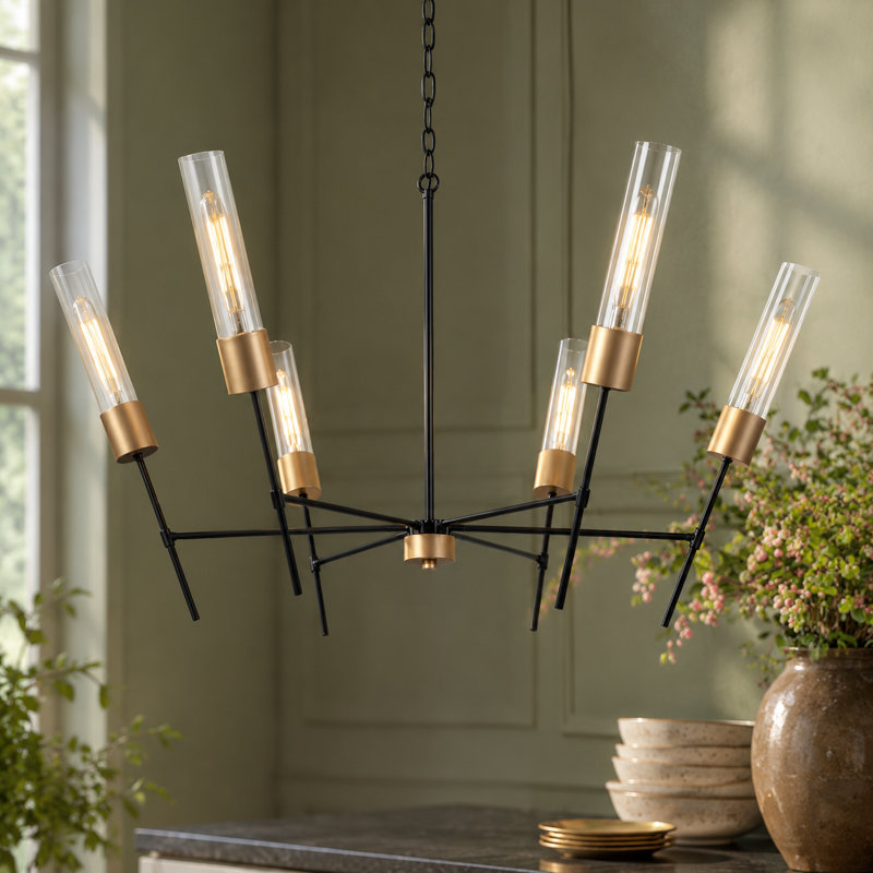 Lustre moderne Sputnik à 6 lumières, or et noir, 111 cm (43,7 po), intensité variable, hauteur réglable de 244 cm (96 po).