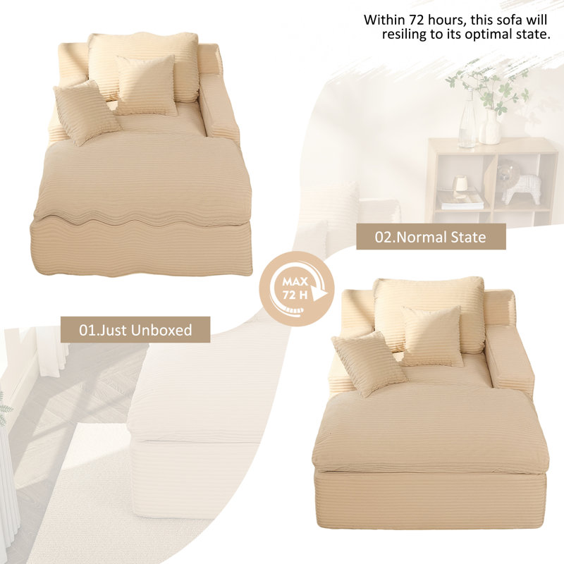 Chaise Lounge Chair with Armrests for Living Room, Floor Lounge Sofa with Movable Pillows & Side Pockets, Corduroy, White