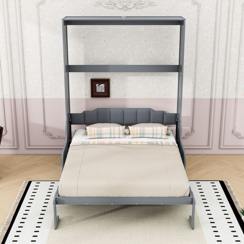 Lit escamotable en bois avec coussin, gris