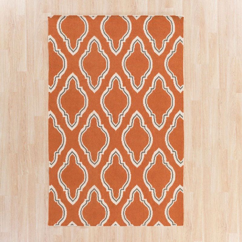 Tapis orange en laine tissé à plat à la main Laticia, Rectangle 8 pi x 11 pi