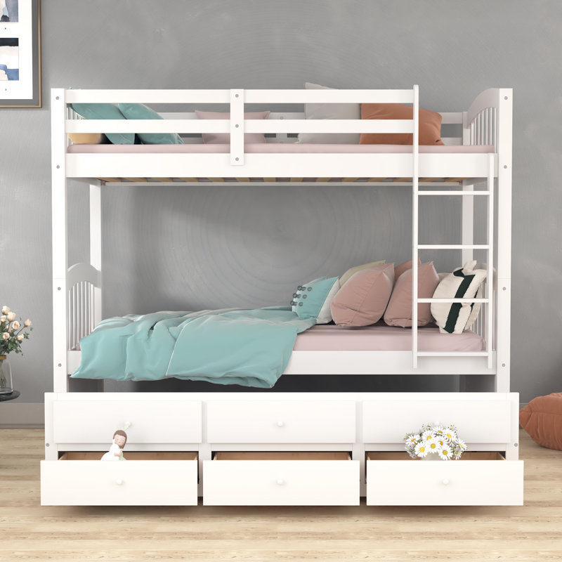 Fazilet Kids Twin Over Twin Bunk Bed with Trundle with Drawers, White