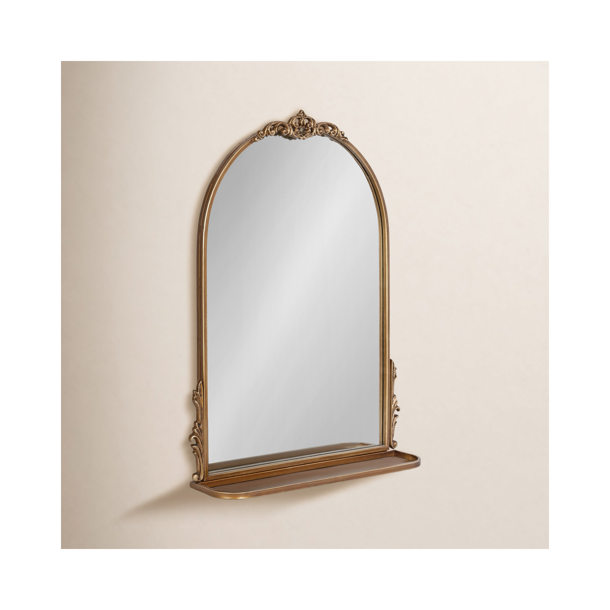 Canoby Metal Arch Mirror with Shelves, Gold