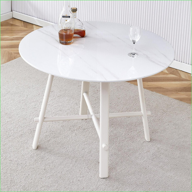 Tables de salle à manger | Mesa de Comedor, plateau rond moderne minimaliste blanc neige de 42 pouces, pieds en métal, utilisation multi-espaces | Rond