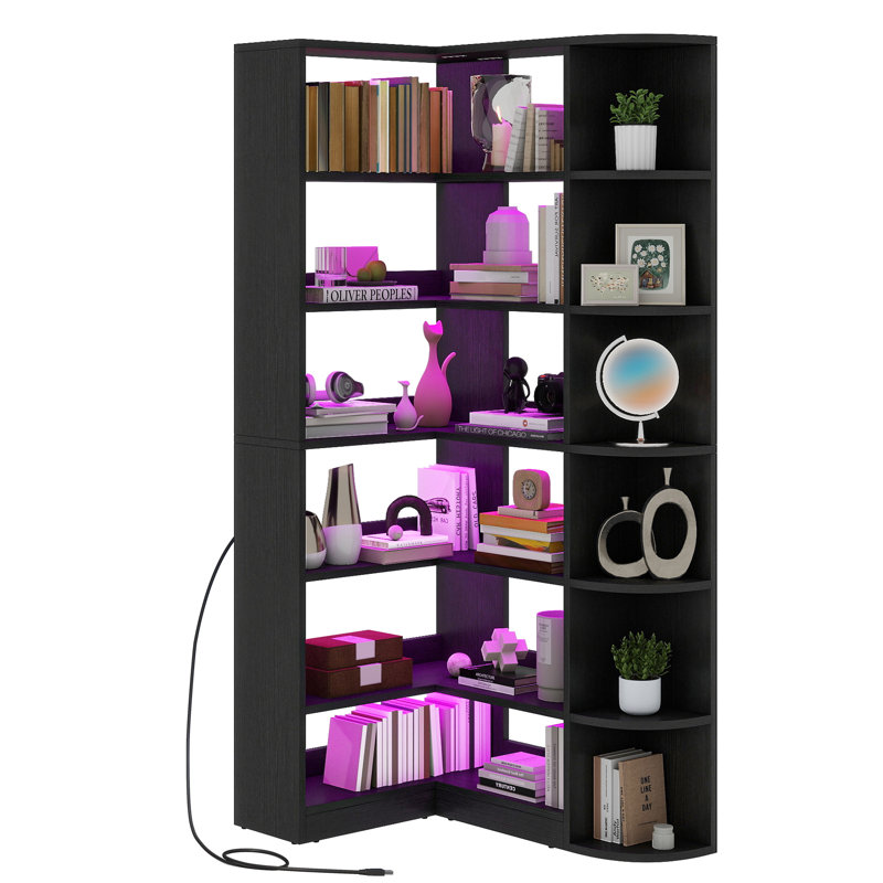 Naaliyah 6 Tier Corner Bookshelf, Bookcase With LED Light, L-Shaped Storage Bookcase For Home Office, Living Room, Black