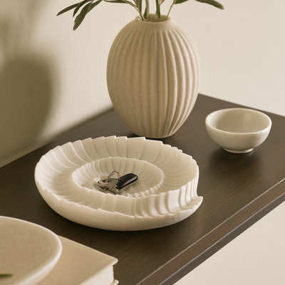 Aaron Decorative Round Bowl with Shell Inspired Pattern for Home Decor – Modern Accent Bowl for Dresser Decor or Side Table – 16", White