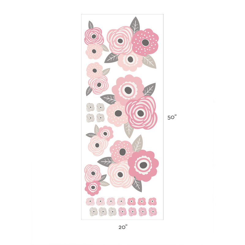 Décalcomanie murale fleur pour enfants, Rose romantique / gris