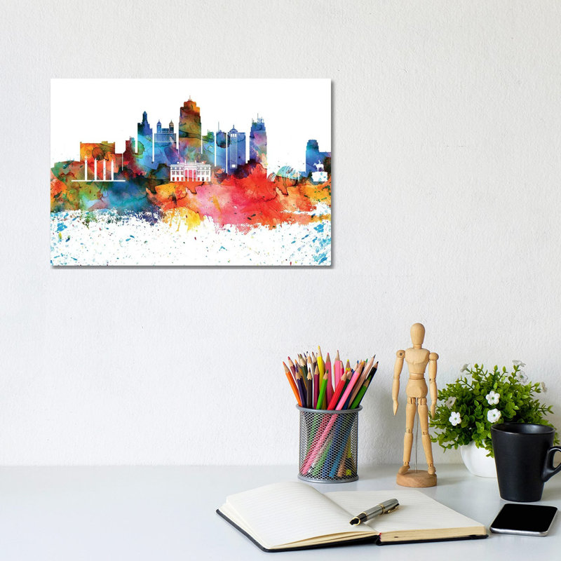 Kansas City Colourful Watercolour Skyline by WallDecorAddict - Wrapped Canvas Painting, 20.32 cm H x 30.48 cm W
