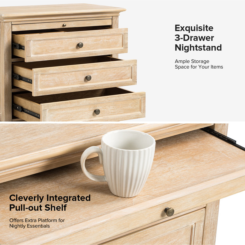 Arthelia Traditional 3-Drawers Nightstand with Built-in Charging Station and Pull-out Shelf