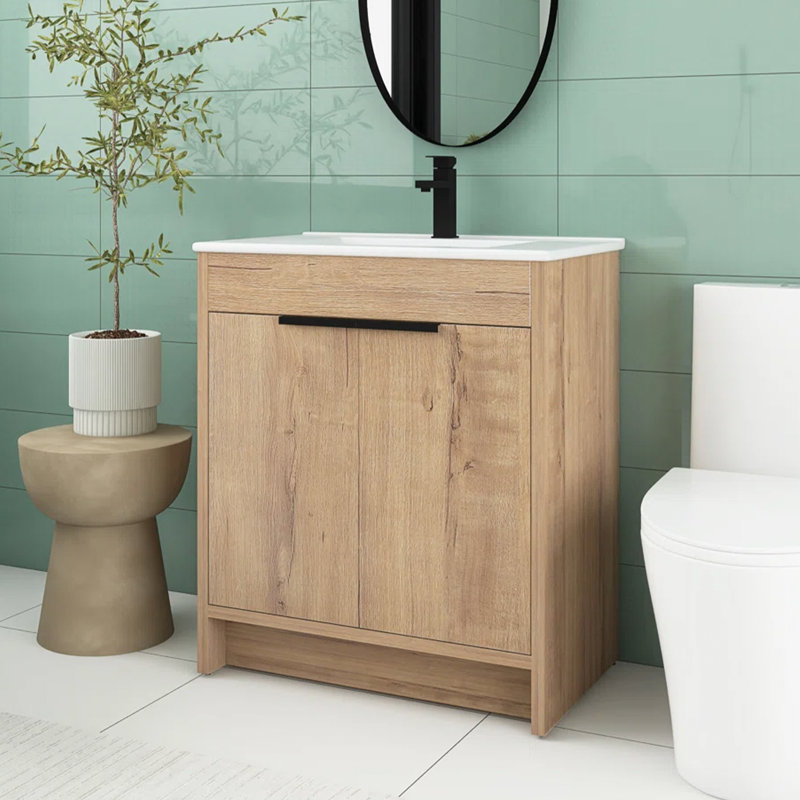 30'' Single Bathroom Vanity with Ceramic Top, Imitative Oak