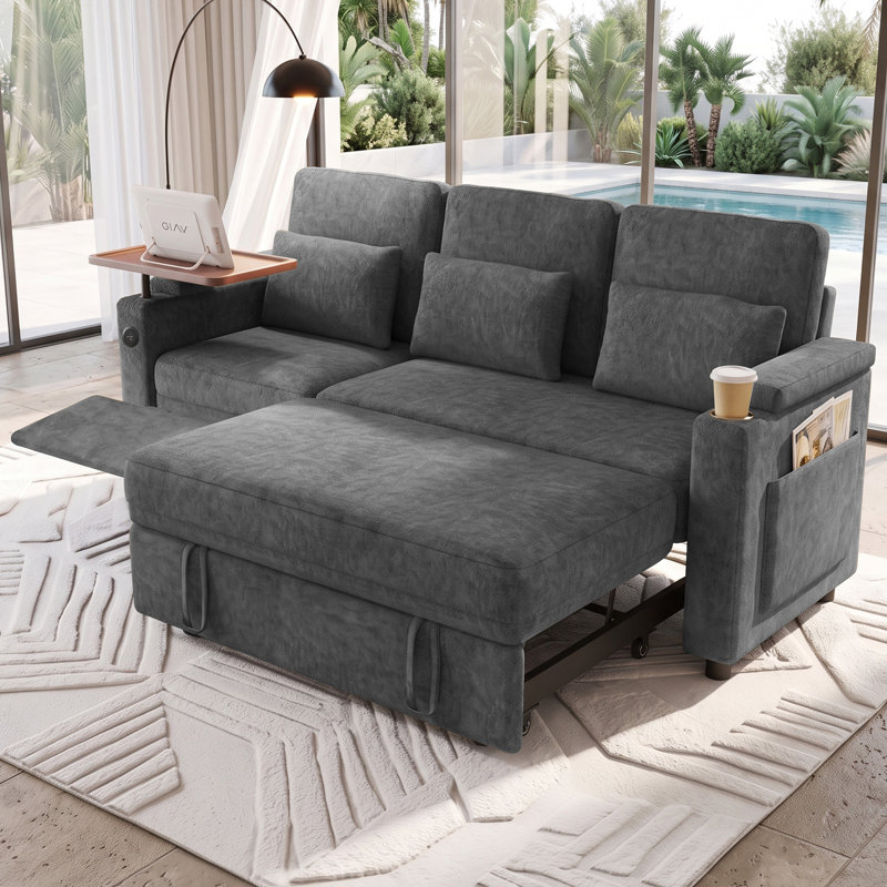 Canapé-lit convertible 3 places Aufak 83 po en chenille avec fauteuil inclinable électrique, ports de chargement USB, tablette latérale, porte-gobelet et rangement, gris