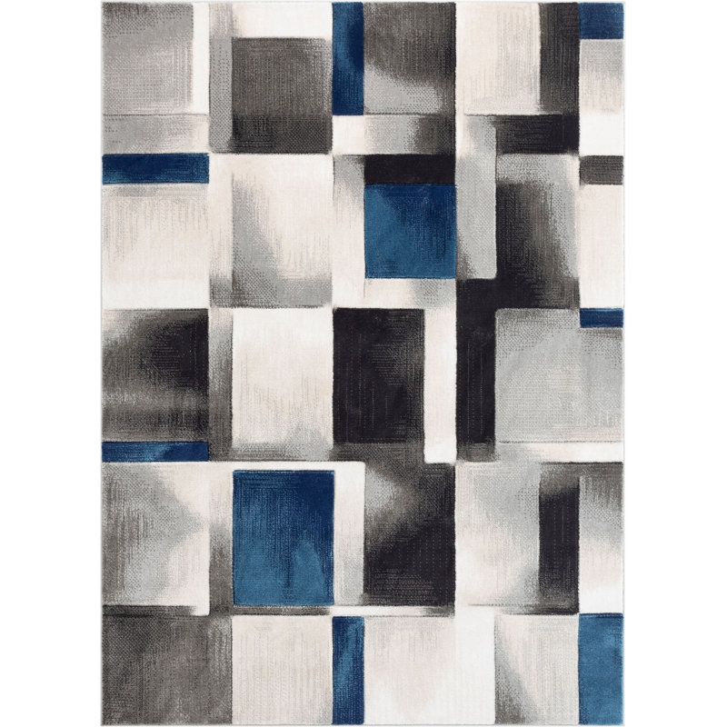 Cillan Modern Geometric Boxes 3D Textured Rug, Loom Blue, Rectangle 7'10" x 9'10"