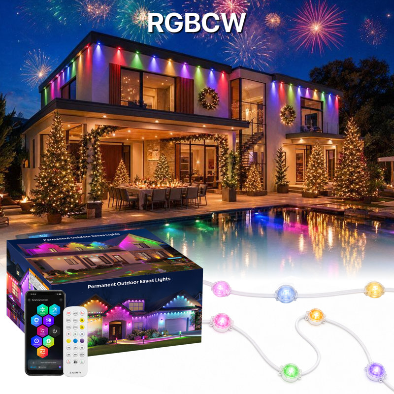 Éclairage extérieur permanent RGBCW IC, éclairage de toit intelligent IP67 avec blanc chaud 3000K et blanc froid 6000K, commande vocale Alexa et Google, application et télécommande, 16 millions de couleurs, 75 scènes et synchro musicale