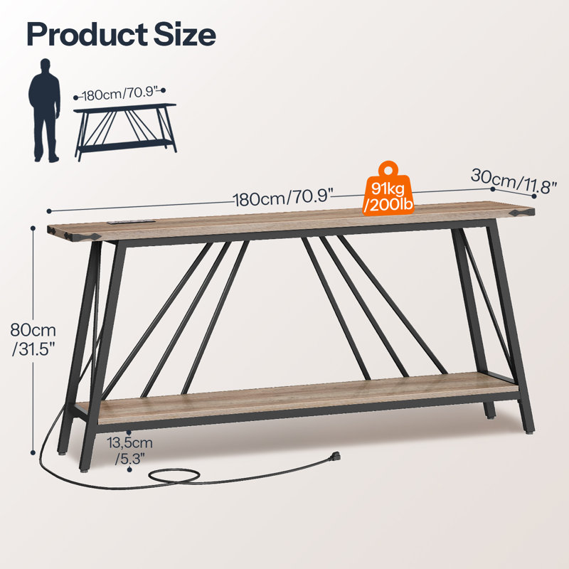 Console pour table d'entrée avec station de charge, H 31,5 po x l 70,9 po x P 11,8 po, Gris