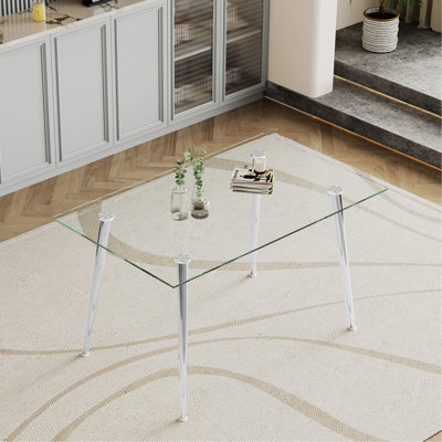 Table en verre trempé de 0,32 po d'épaisseur avec pieds en métal argenté, design tendance et élégant pour les salles à manger modernes, verre facile à entretenir, supports rouille, plateau en acier inoxydable