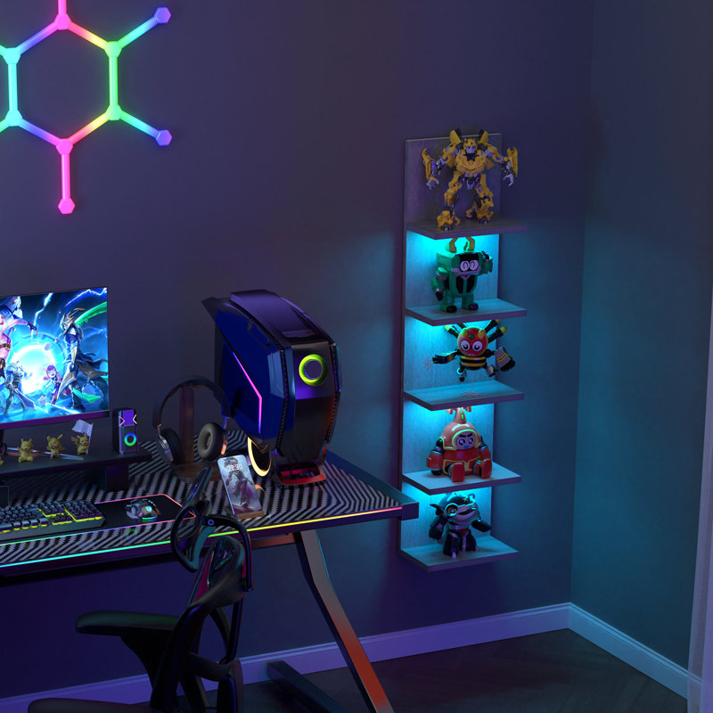 5-Tier Floating Wall Shelf with Bulit-in RGB Lights, Gray