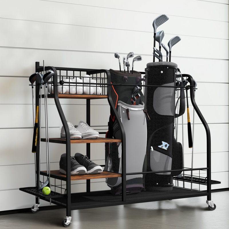 Golf Bag Storage Stand Multifunctional Metal Golf Bags Organizer Rack With Shelves Rolling Multi-Use Sports Equipment Shelves