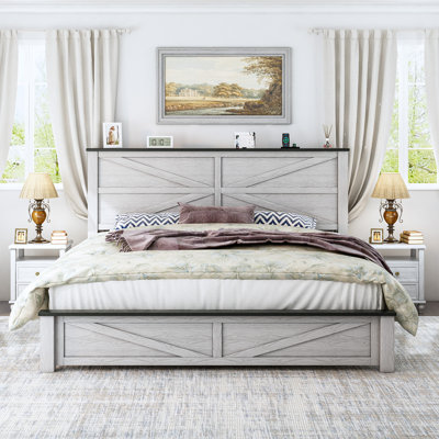 Structure de lit très grand avec tête de lit et pied de lit, support à lattes en bois, lit plateforme robuste compatible avec différents styles de chambre à coucher, assemblage facile, blanc
