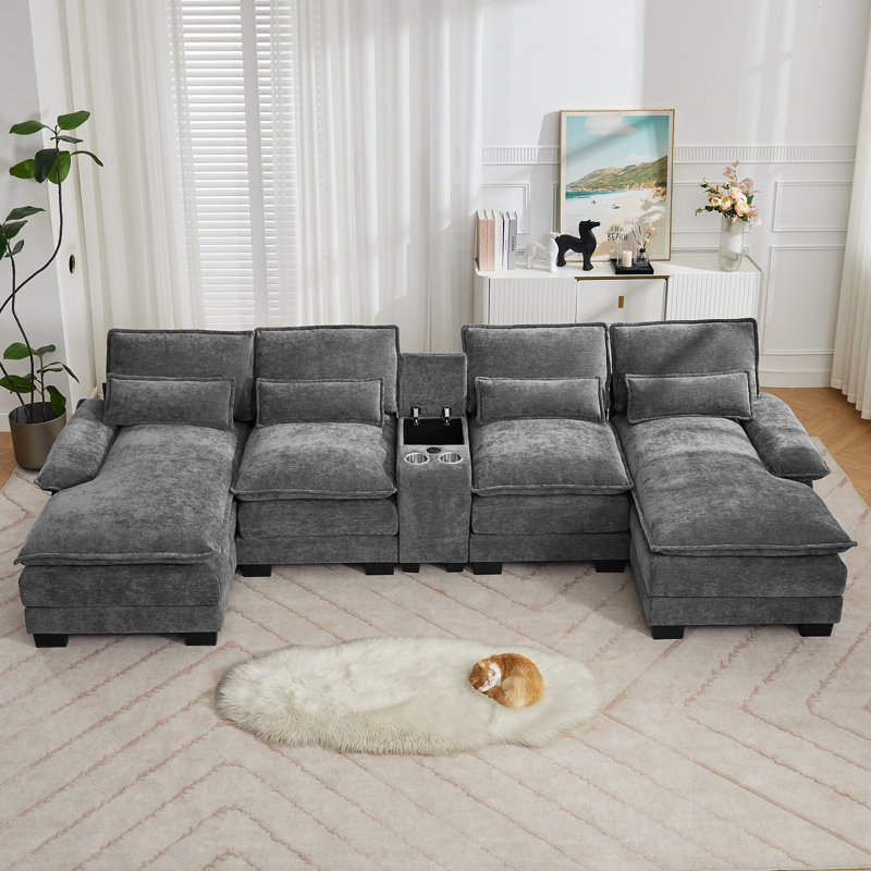125.6'' U Shaped Sectional Sofa with Chaise Lounges, Storage Console, USB Charging Ports, Cup Holders, Chenille