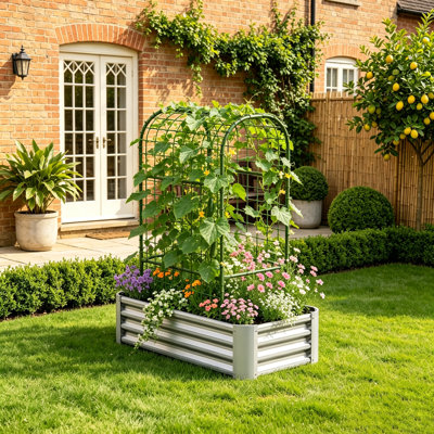 Lit de jardin surélevé 2-en-1 avec treillis - Boîte à fleurs 59 po pour plantes grimpantes, lit de jardin extérieur en métal galvanisé pour légumes, fruits et fleurs (argent, 4 pi 2 pi x 1 pi)
