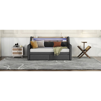 Gray Twin Daybed With Functional Storage. Upholstered. Charging Station & Led. Structure by Latitude Run