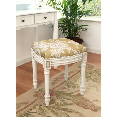 Tabouret de coiffeuse en lin caramel et pivoine au fini blanc antique