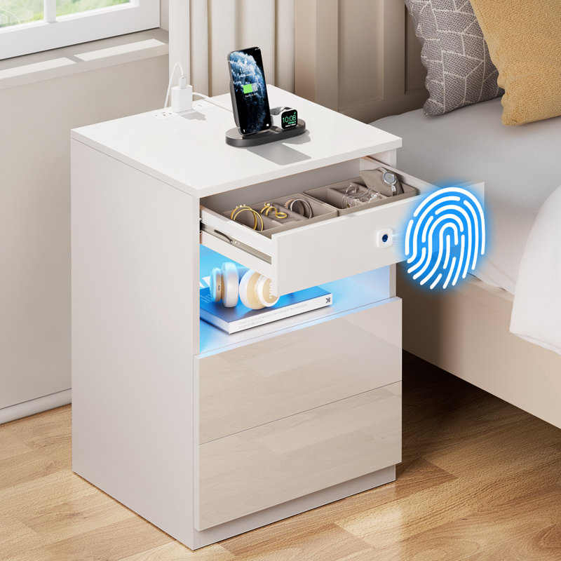 Nightstand With LED Lights & Power Outlet & Fingerprint Lock, White