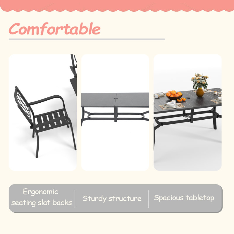 Ensemble de salle à manger 7 pièces pour patio, table rectangulaire 63 po x 38 po à grain de bois en métal avec trou pour parasol + 6 chaises en métal (capacité de 350 lb)