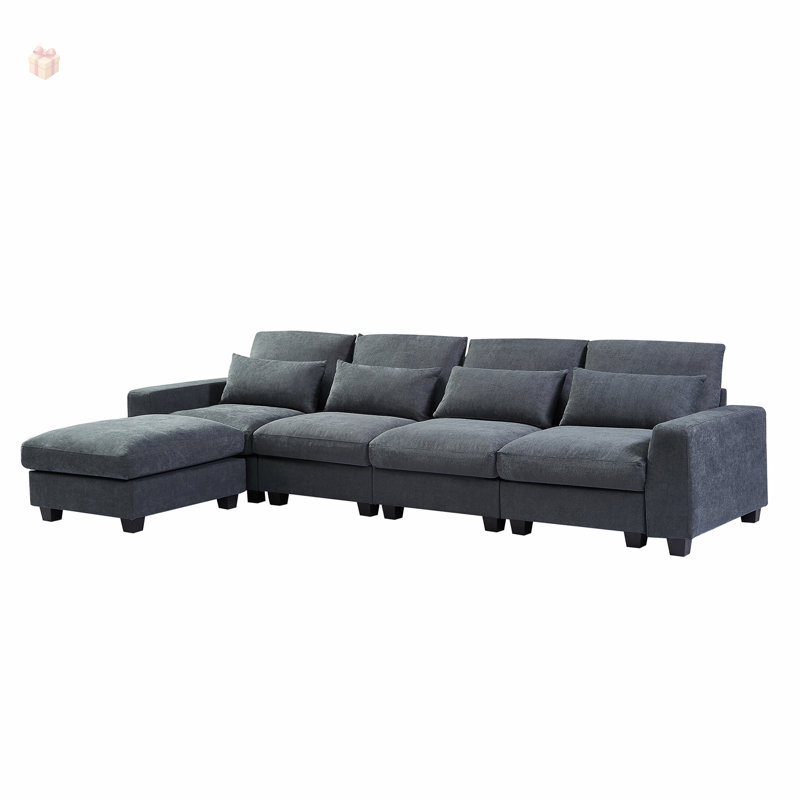 Grand canapé modulaire rembourré en plumes en L moderne, canapé convertible avec méridienne réversible pour le salon
