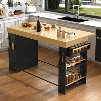 Table d'îlot de cuisine 59 po avec plateau en bois et armoire de rangement, tiroirs, étagères à épices latérales et crochets