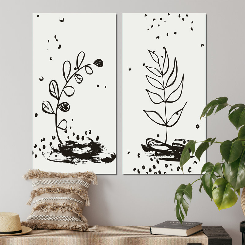 «Minimalistic Foliage with Organic Shapes», ensemble de 2 peintures, H 20 po x l 24 po x P 1 po, Toile tendue